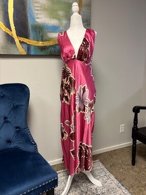 Banana Republic Fuchsia Floral Satin V-Neck Maxi Dress
